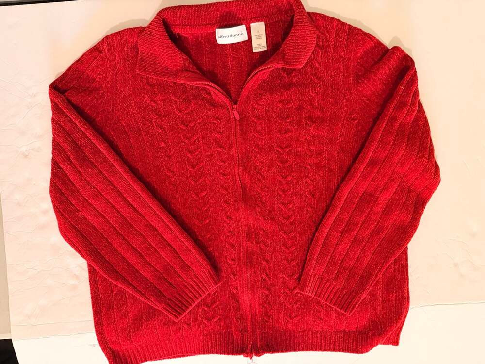 Vintage Alfred Dunner Red Chenille Full Zip Collared Cable Knit Sweater XL